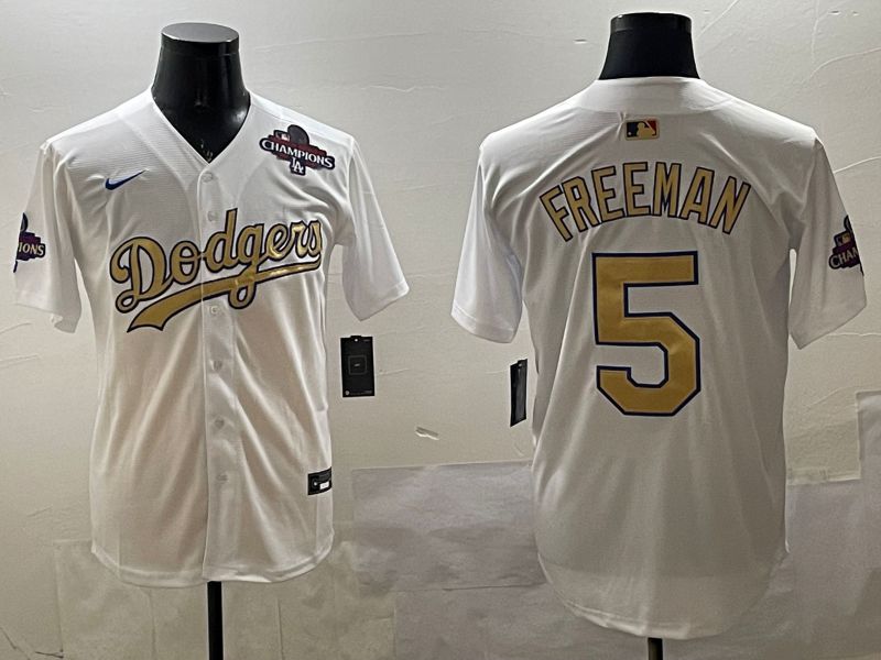 Men Los Angeles Dodgers 5 Freeman White Champion gold character 2025 Nike MLB Jersey style 3311